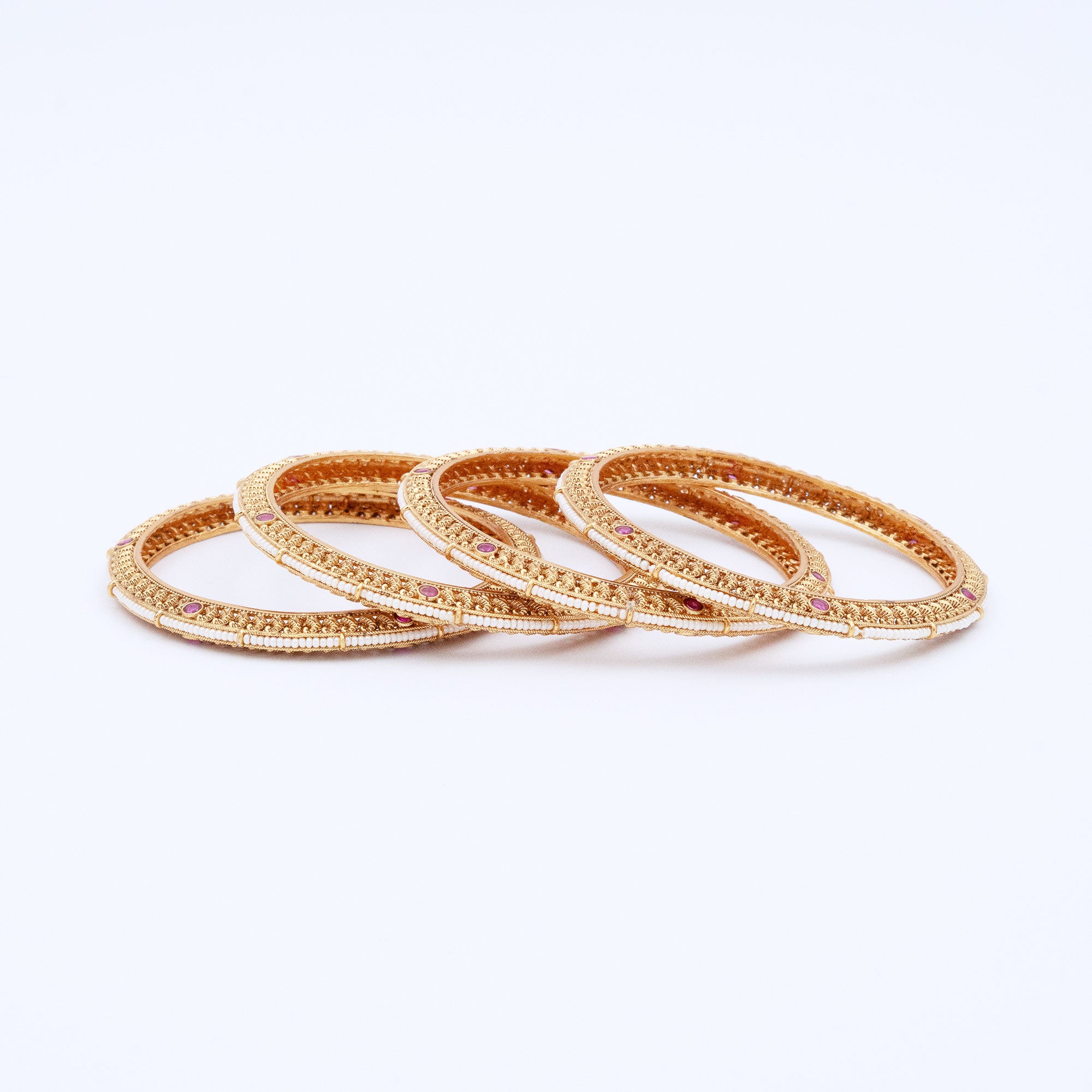 Trendy Flat Bangles with Pearls in Center (Set of 4)