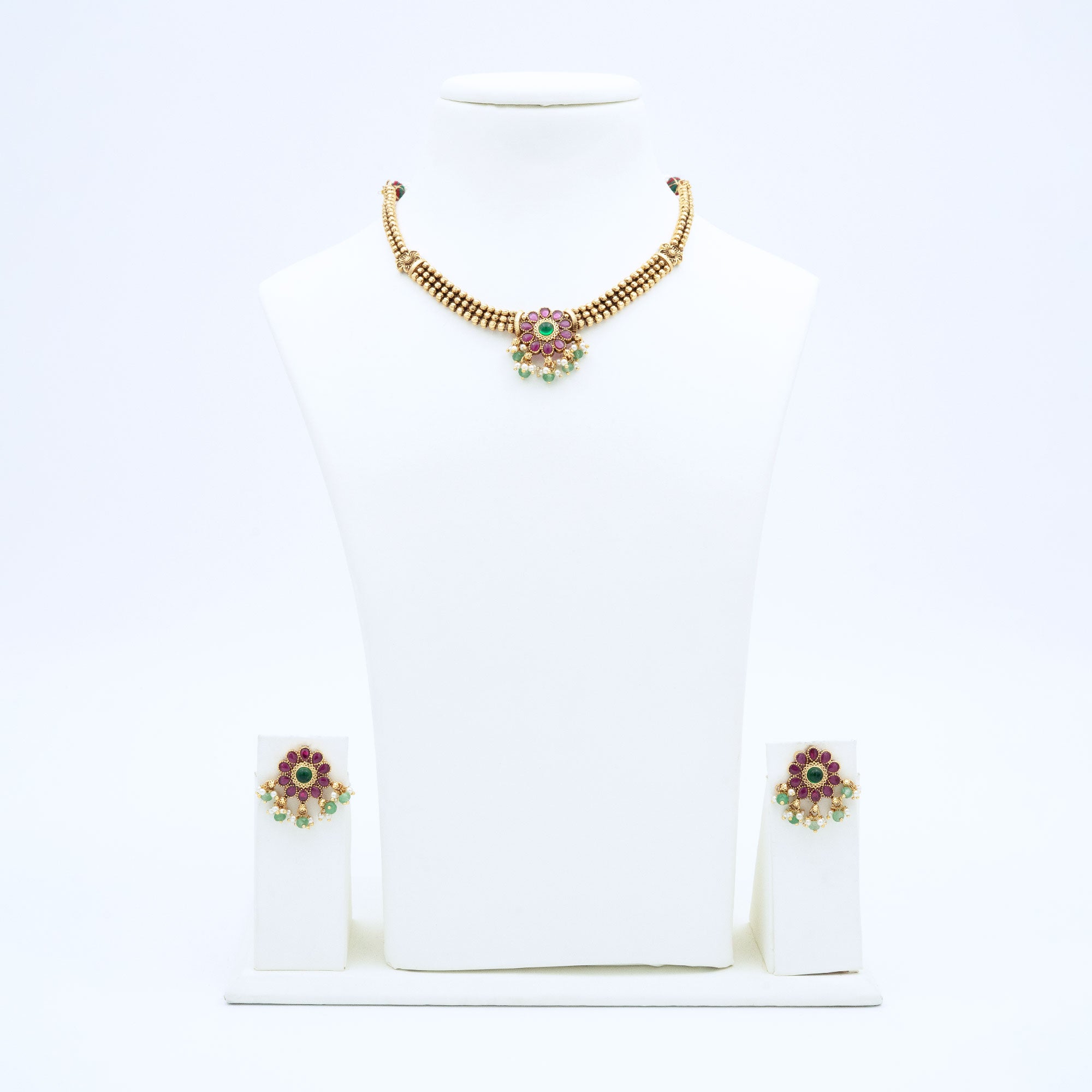 Trendy Floral Necklace Set with Red Stones