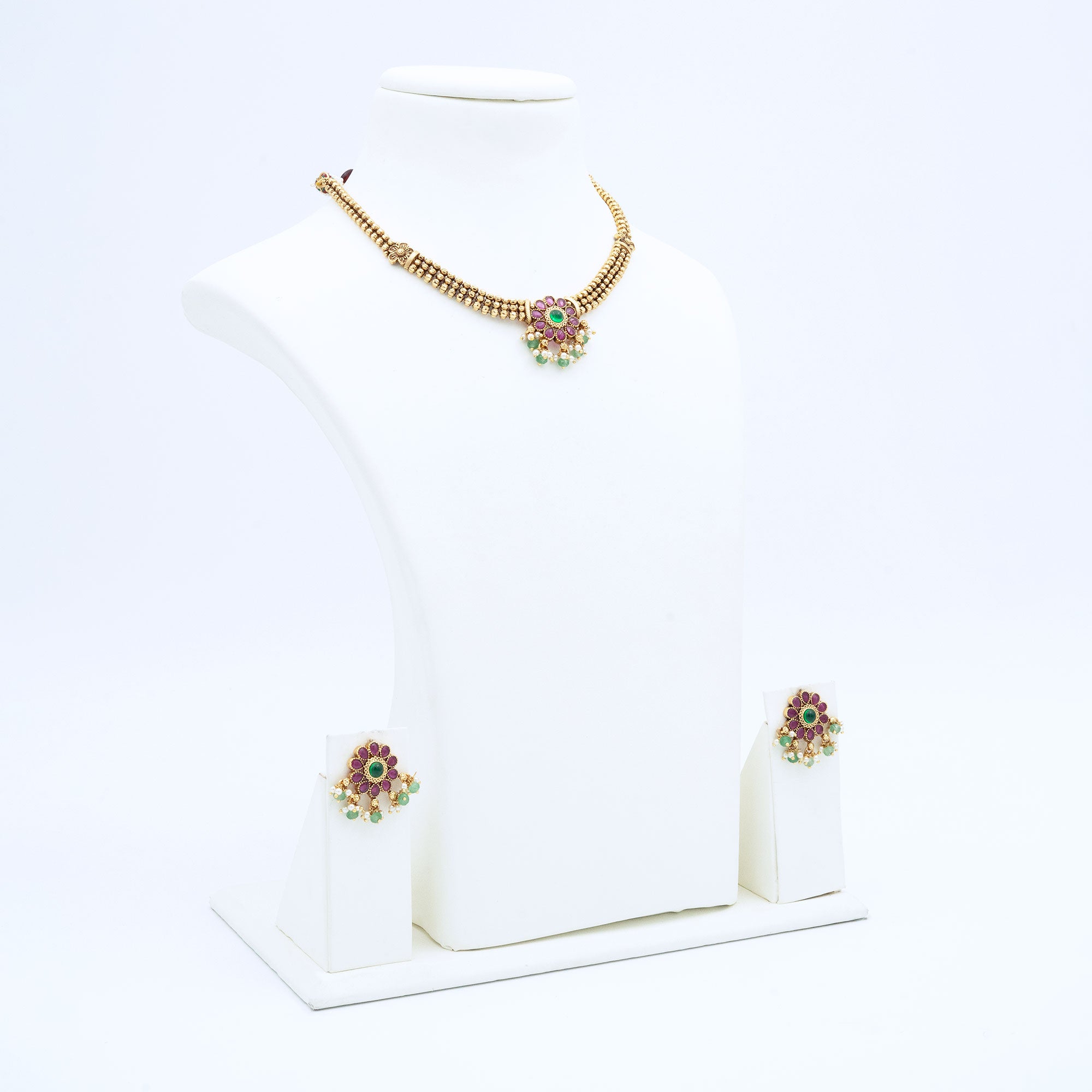 Trendy Floral Necklace Set with Red Stones
