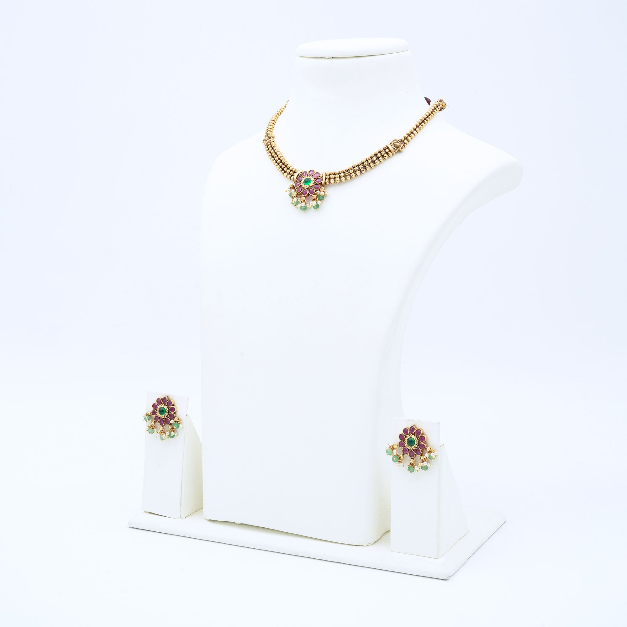 Trendy Floral Necklace Set with Red Stones