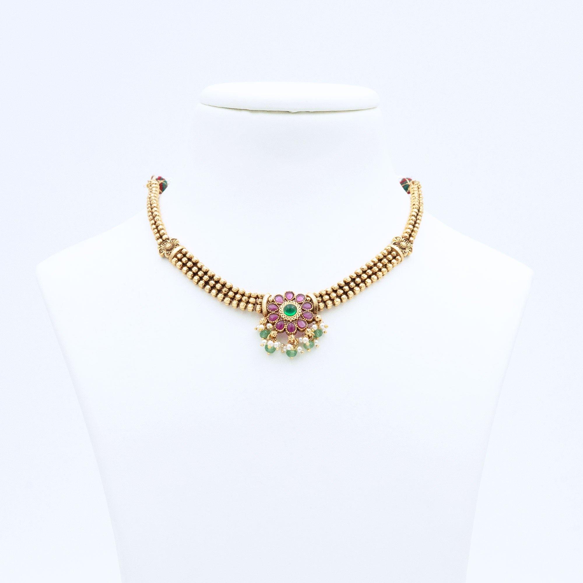 Trendy Floral Necklace Set with Red Stones