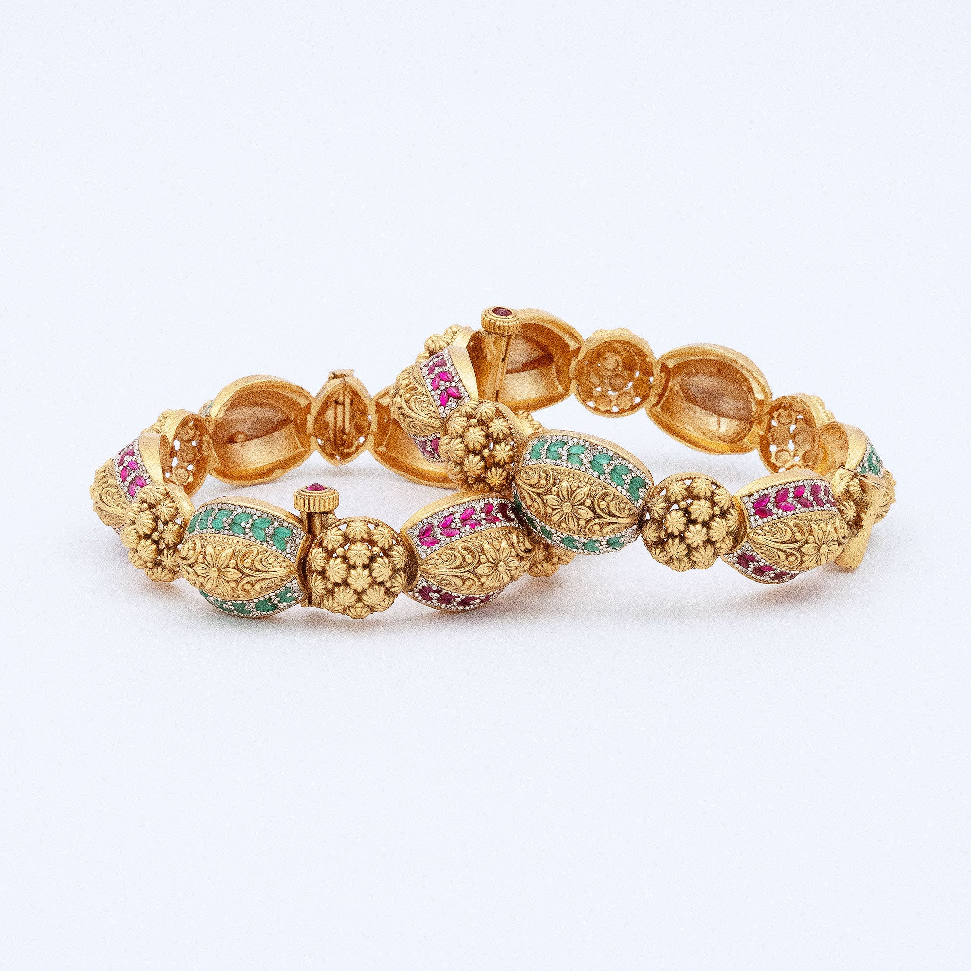 Trendy Floral Bunch And Multicolored Dome Bangles (Set of 2)