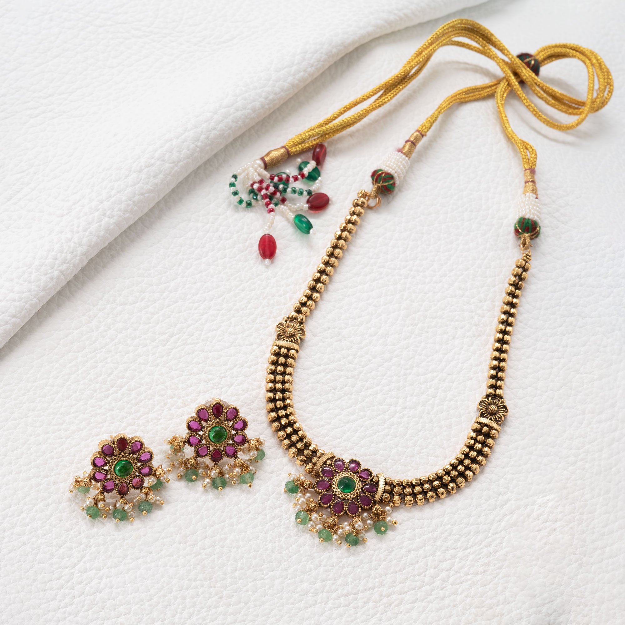 Trendy Floral Necklace Set with Red Stones