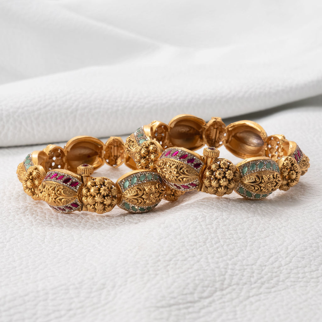 Trendy Floral Bunch And Multicolored Dome Bangles (Set of 2)