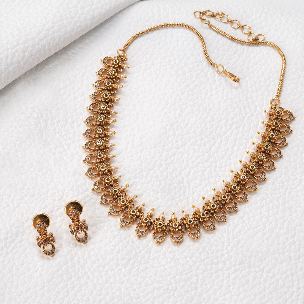 Traditional Tiny Floral Crescent Necklace Set