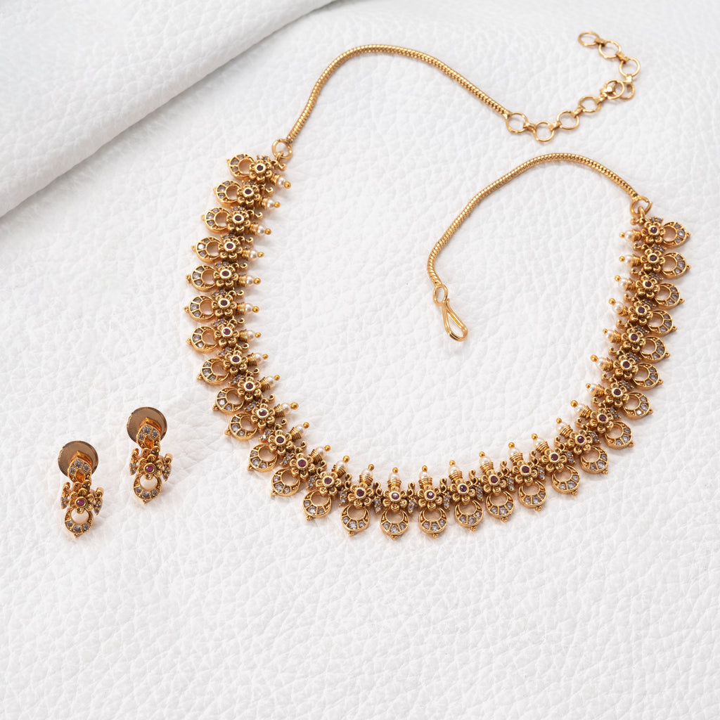 Traditional Tiny Floral Crescent Necklace Set