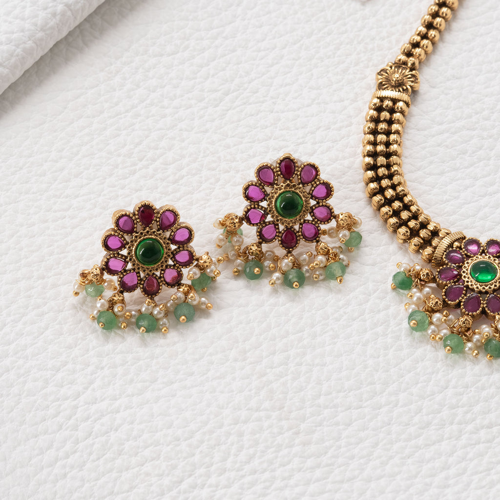 Trendy Floral Necklace Set with Red Stones