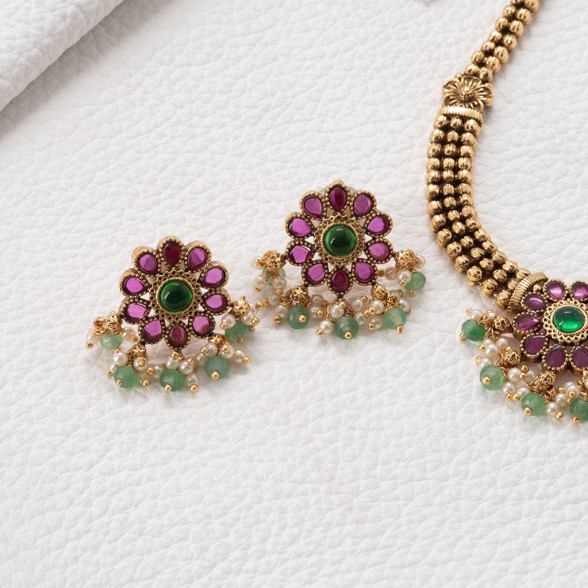 Trendy Floral Necklace Set with Red Stones