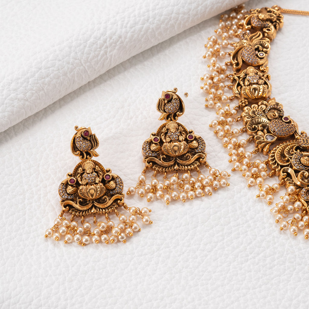 Traditional Lakshmi on Lotus Necklace Set