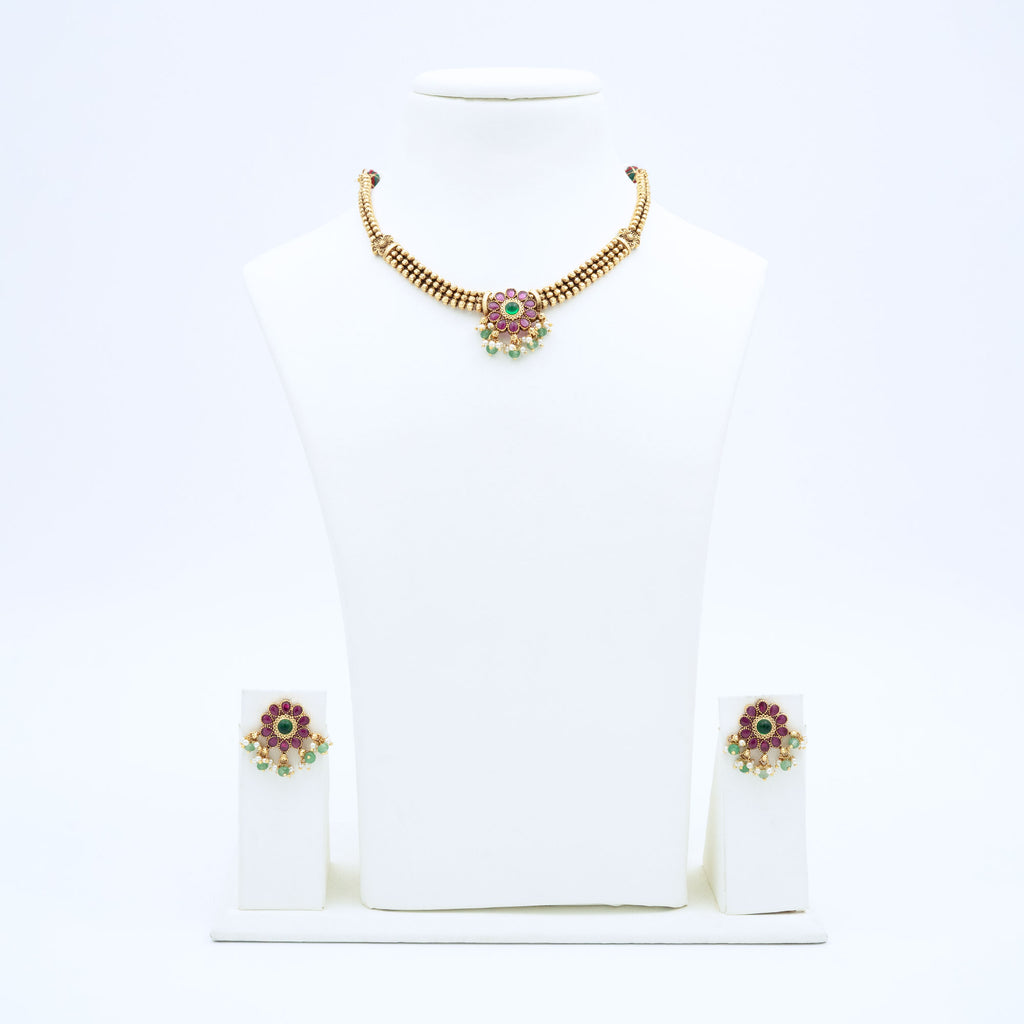 Trendy Floral Necklace Set with Red Stones
