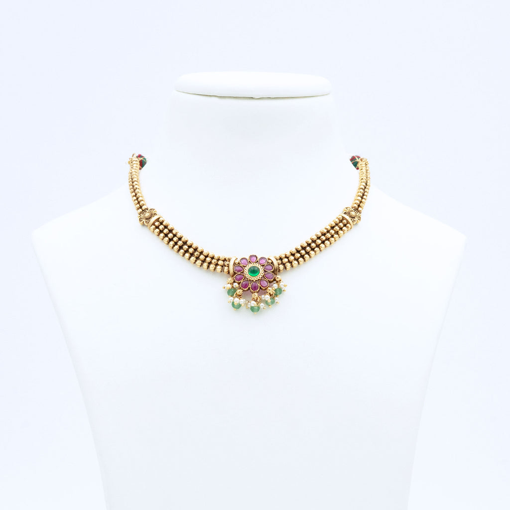 Trendy Floral Necklace Set with Red Stones